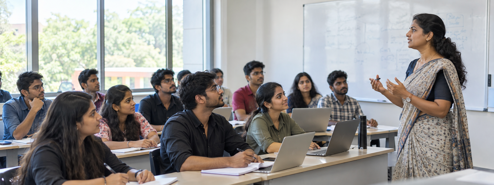 Indian college students learning with an Indian teacher in a modern classroom