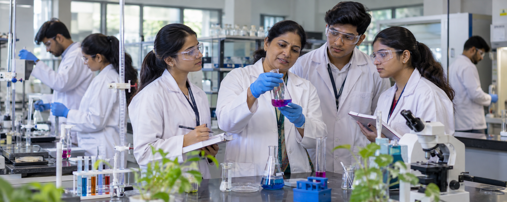 Indian students working with their teacher in a college laboratory