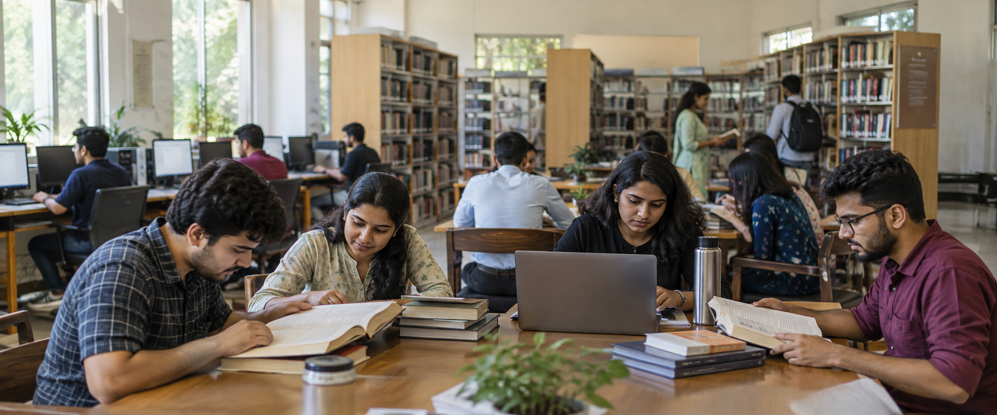 Indian students studying with books and computers in the college library